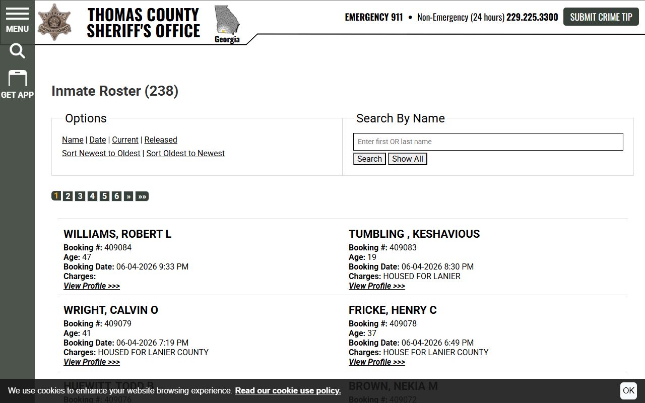 Thomas County inmate records roster list with booking rows