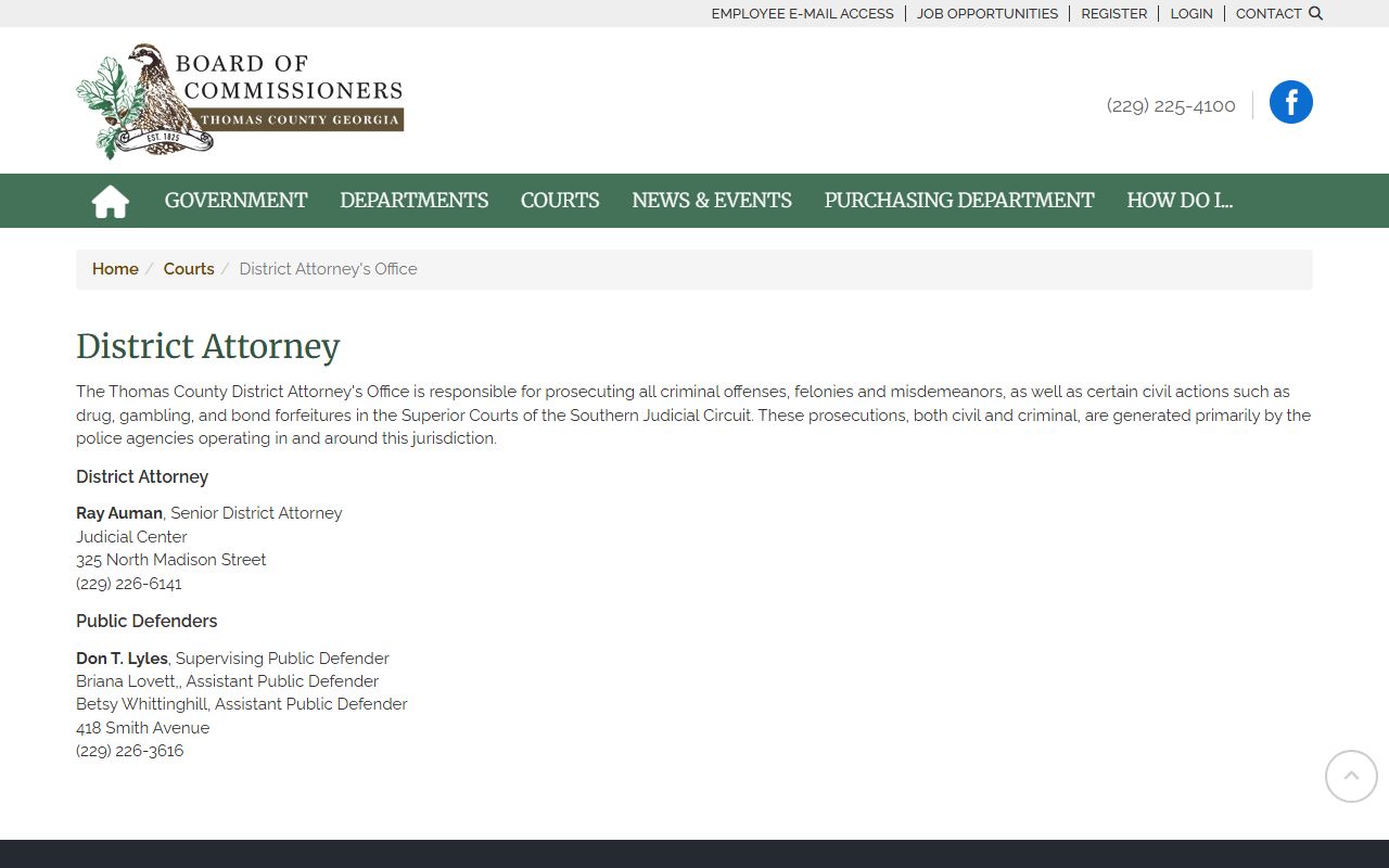 Thomas County District Attorney page for criminal prosecution after arrest