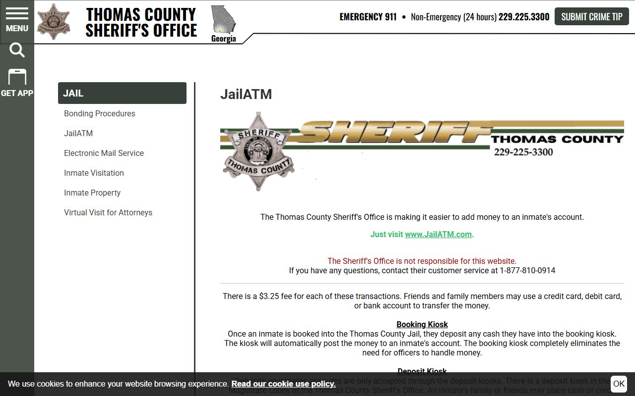 Thomas County Jail JailATM inmate money deposit rules
