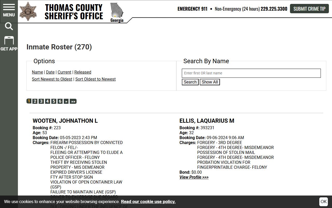 Thomas County inmate population roster search fields