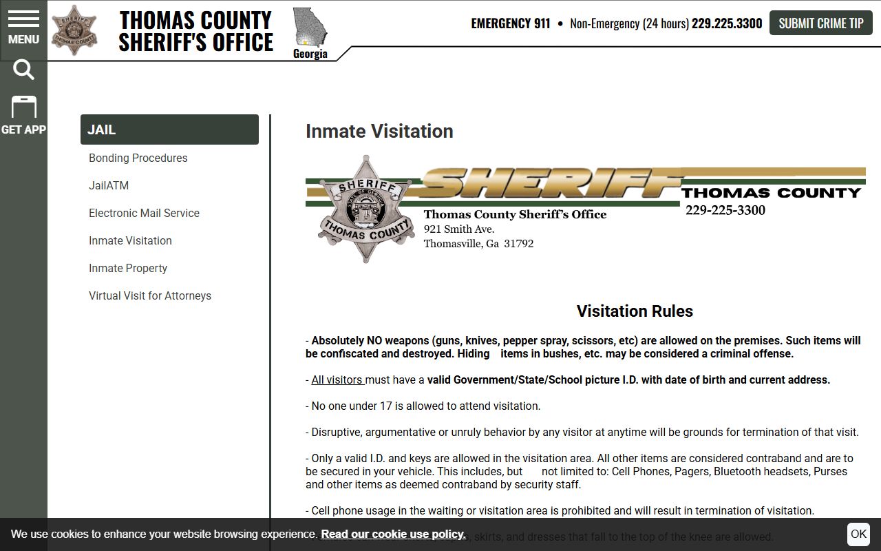 Thomas County inmate records visitation schedule and jail rules
